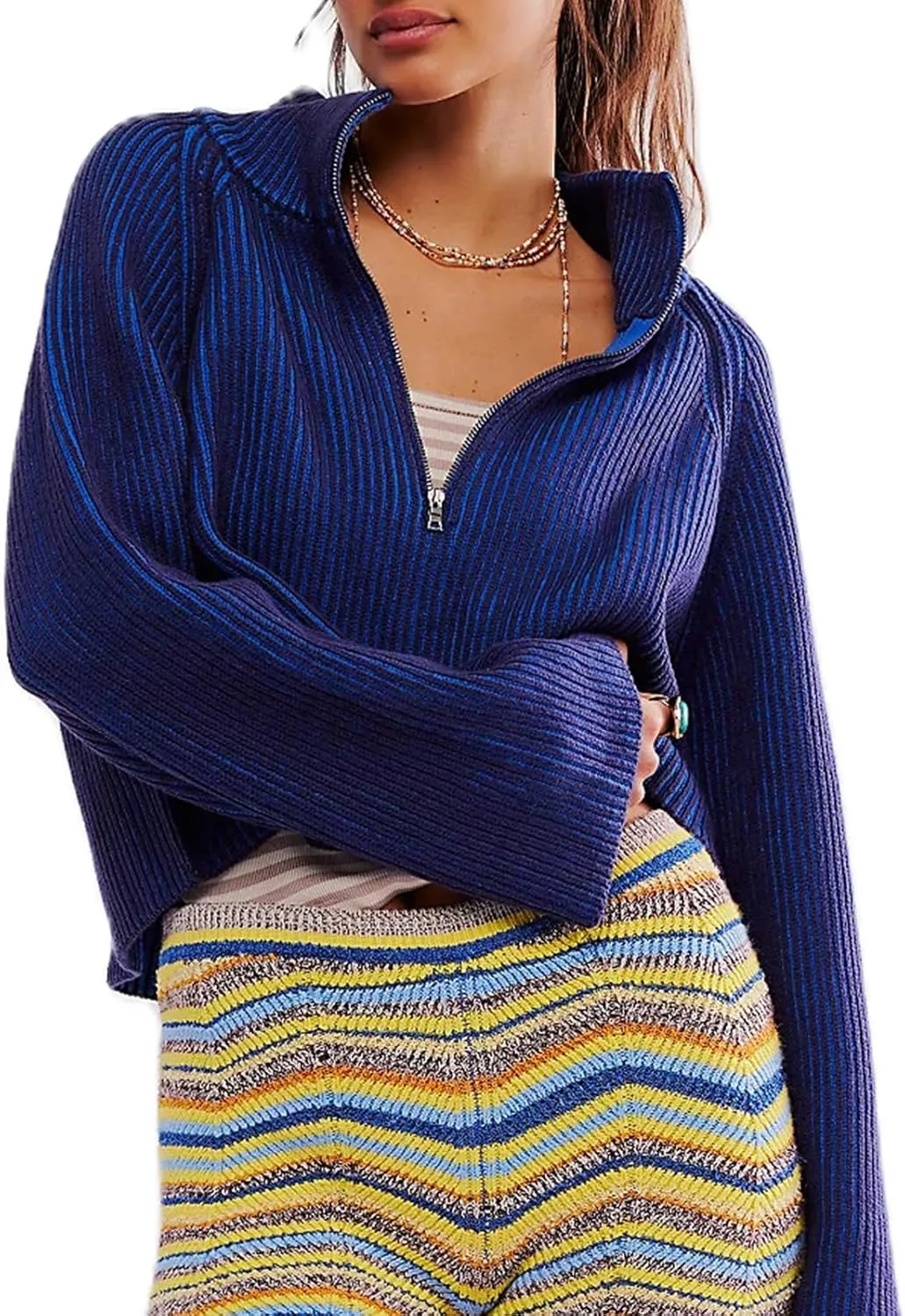 Womens Turtleneck Cropped Sweater Half Zipper Pullover Knit Oversized Sweater Fall Y2k Outfits
