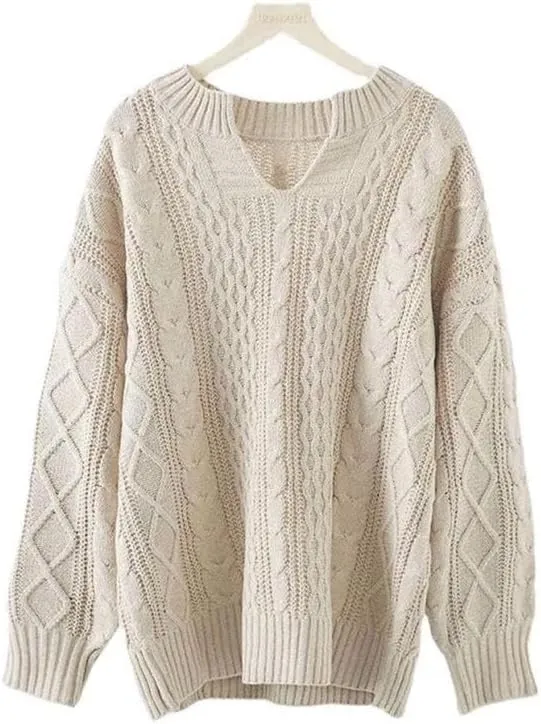 Womens V Neck Cable Knit Sweater Long Sleeve Chunky Sweater Fall Winter Fashion Casual Oversized Sweater Tops