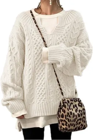 Womens V Neck Cable Knit Sweater Long Sleeve Chunky Sweater Fall Winter Fashion Casual Oversized Sweater Tops