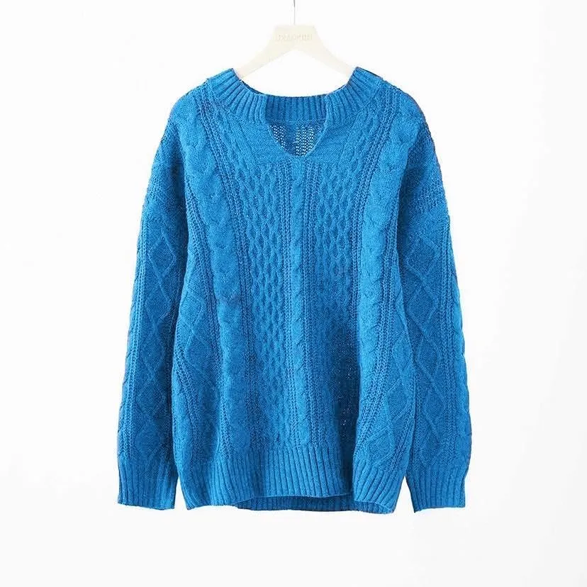 Womens V Neck Cable Knit Sweater Long Sleeve Chunky Sweater Fall Winter Fashion Casual Oversized Sweater Tops