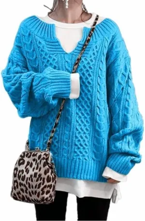 Womens V Neck Cable Knit Sweater Long Sleeve Chunky Sweater Fall Winter Fashion Casual Oversized Sweater Tops