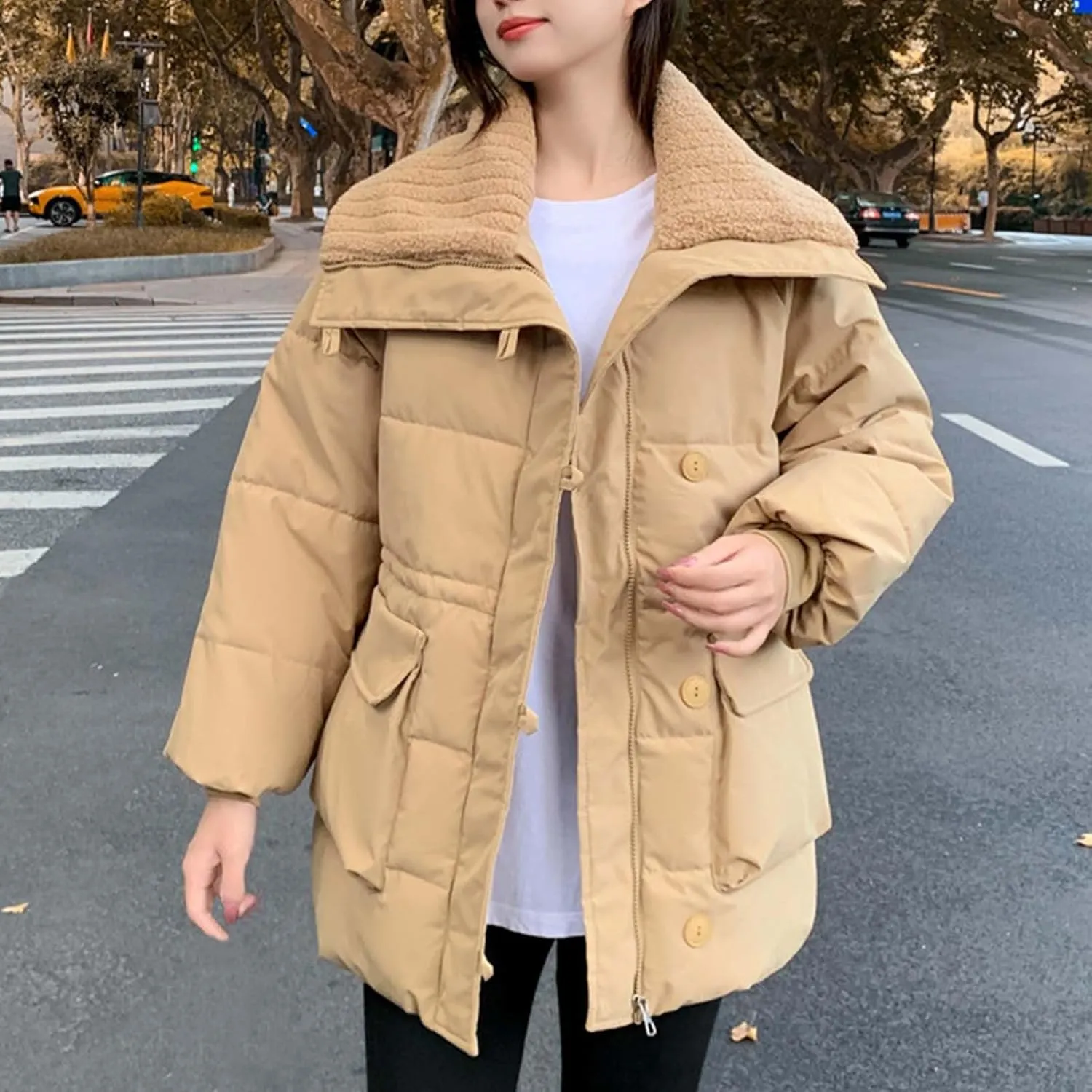 Womens Winter Coats Oversized Full Zipped Puffer Jacket Trendy Long Sleeve Down Jackets Padded Coat with Pockets