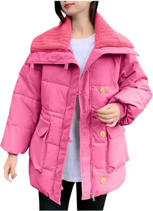 Womens Winter Coats Oversized Full Zipped Puffer Jacket Trendy Long Sleeve Down Jackets Padded Coat with Pockets