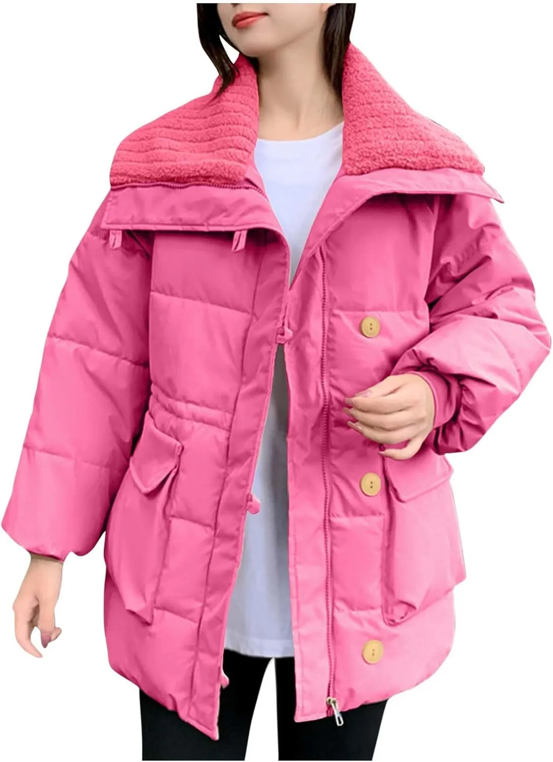 Womens Winter Coats Oversized Full Zipped Puffer Jacket Trendy Long Sleeve Down Jackets Padded Coat with Pockets