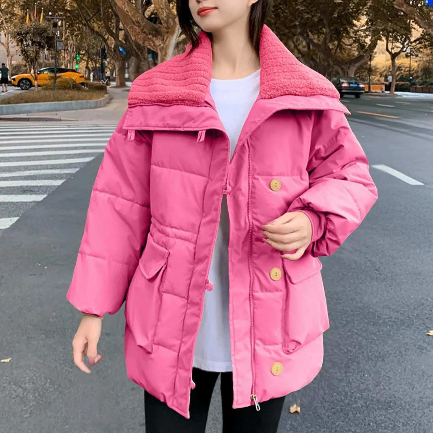 Womens Winter Coats Oversized Full Zipped Puffer Jacket Trendy Long Sleeve Down Jackets Padded Coat with Pockets