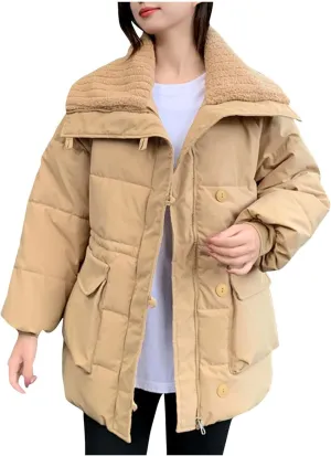 Womens Winter Coats Oversized Full Zipped Puffer Jacket Trendy Long Sleeve Down Jackets Padded Coat with Pockets