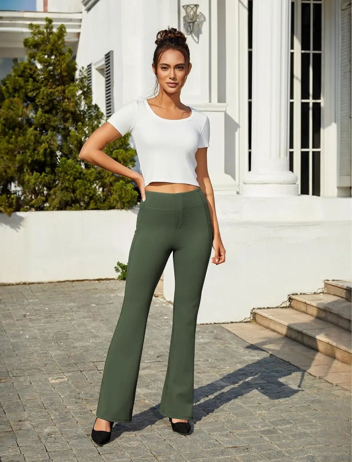 Women's Work Pants Business Casual Pants High Waisted Yoga Flare Leggings with Pockets Dress Slacks Tummy Control