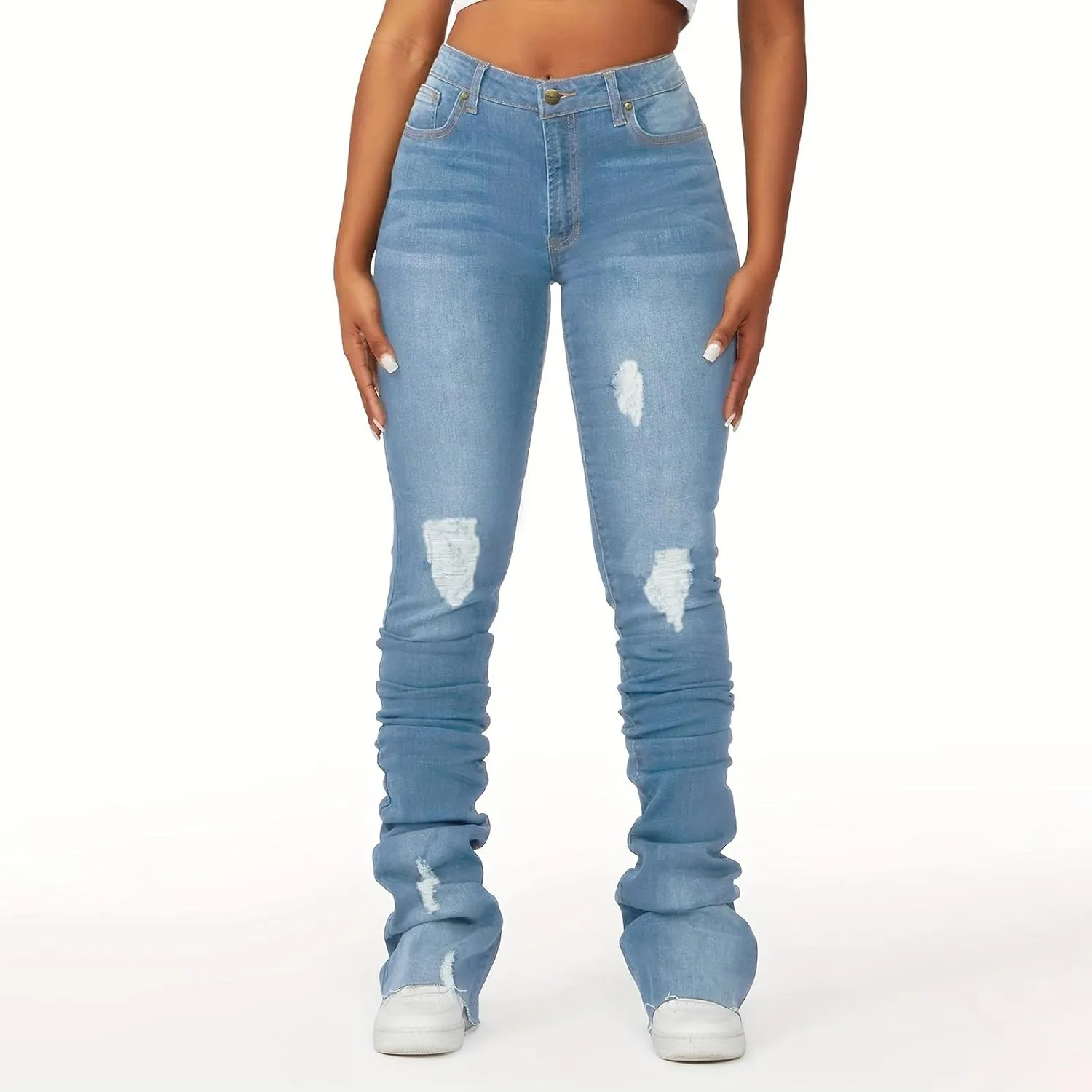 Women's Y2K Stacked Jeans Fashion Ripped High Waisted Bootcut Denim Pants Skinny Stretchy Jeans Streetwear Trousers