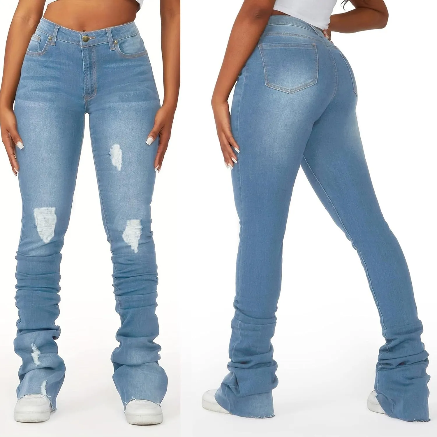 Women's Y2K Stacked Jeans Fashion Ripped High Waisted Bootcut Denim Pants Skinny Stretchy Jeans Streetwear Trousers
