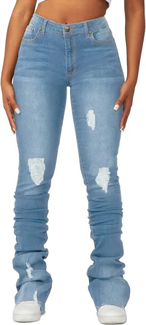 Women's Y2K Stacked Jeans Fashion Ripped High Waisted Bootcut Denim Pants Skinny Stretchy Jeans Streetwear Trousers