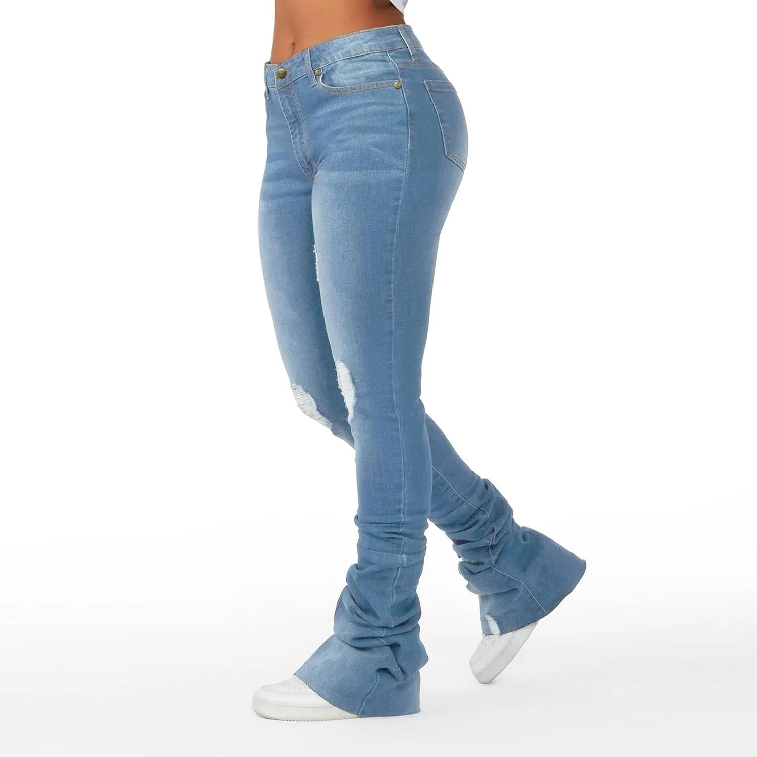 Women's Y2K Stacked Jeans Fashion Ripped High Waisted Bootcut Denim Pants Skinny Stretchy Jeans Streetwear Trousers