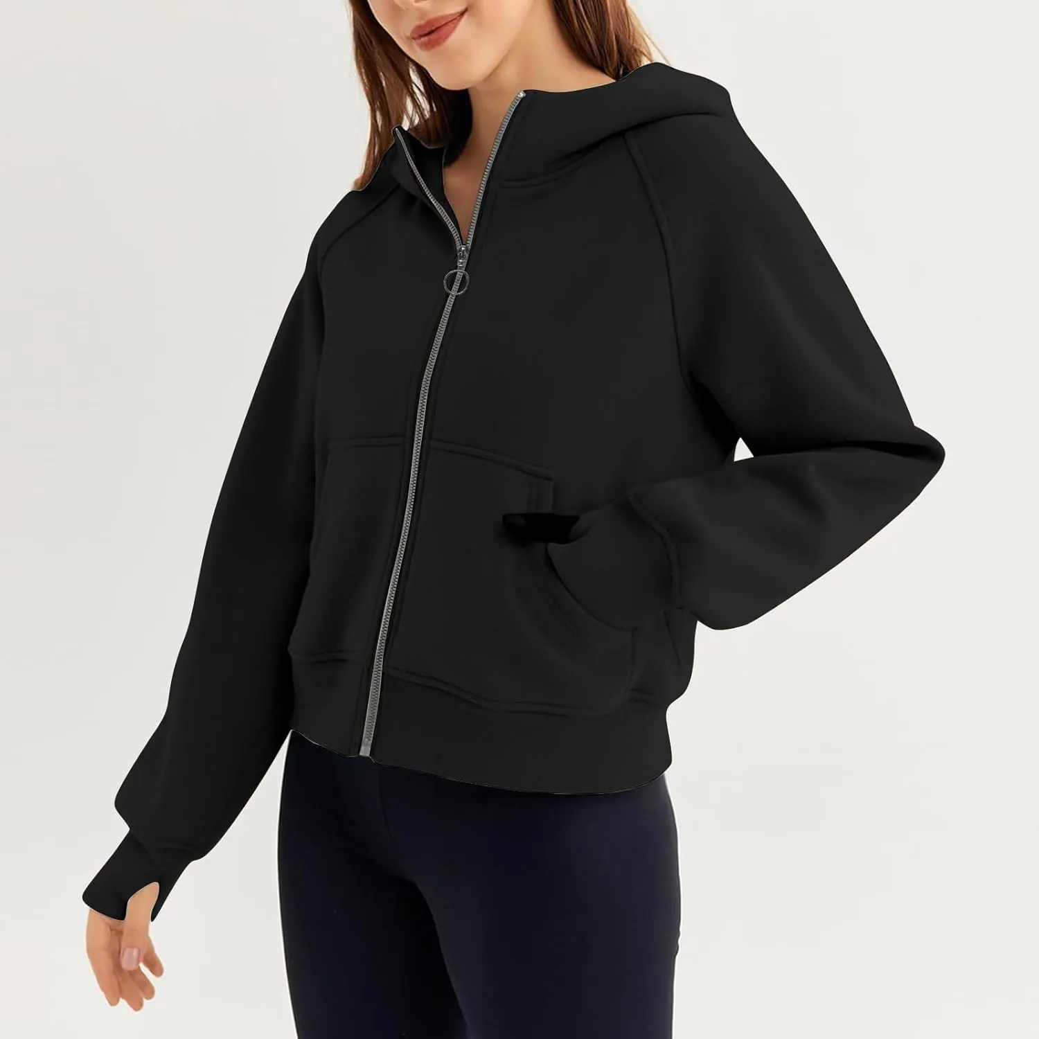 Womens Zip up Hoodies Trendy Long Sleeve Cropped Sweatshirt Jackets Casual Comfy Versatile Fall Tops Coat with Pocket