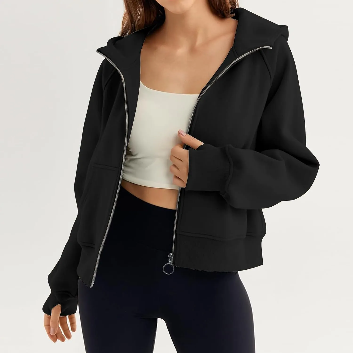 Womens Zip up Hoodies Trendy Long Sleeve Cropped Sweatshirt Jackets Casual Comfy Versatile Fall Tops Coat with Pocket
