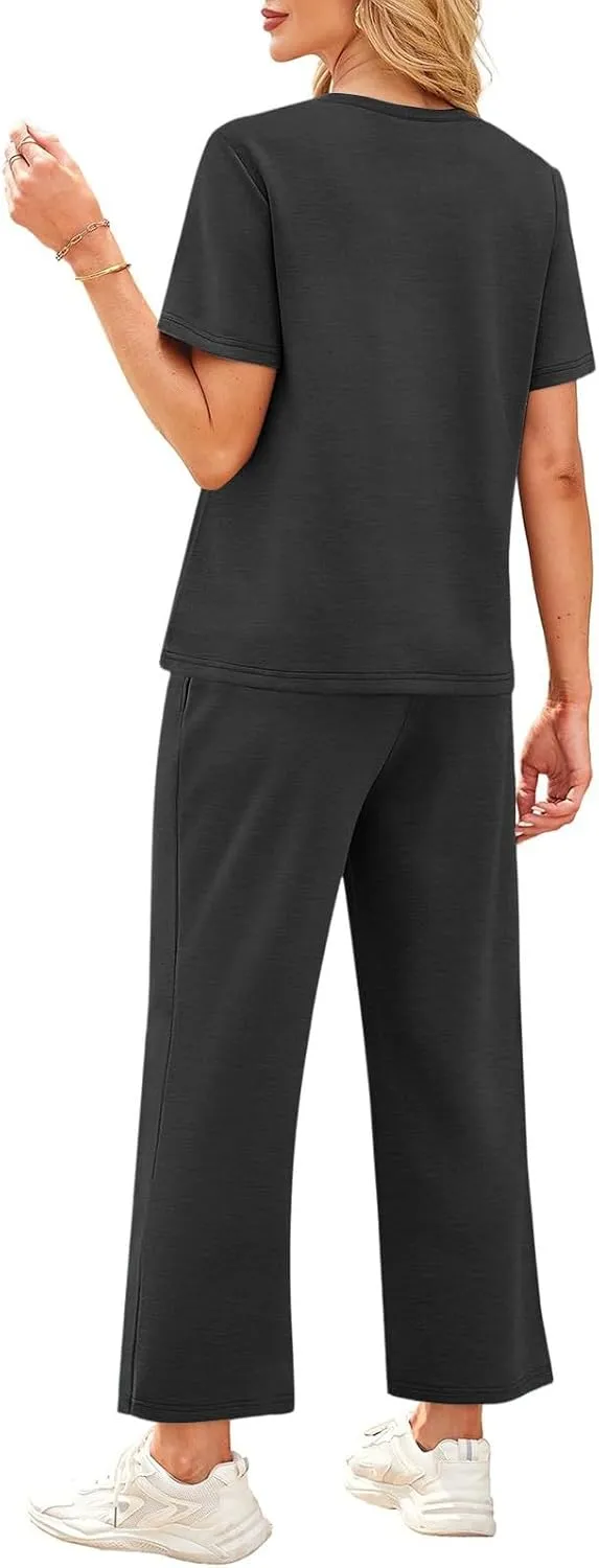 Workout Sets for Women 2025 Summer Outfits Sport Lounge Short Sleeve Wide Leg Pants Clothing Travel Fitness Sets