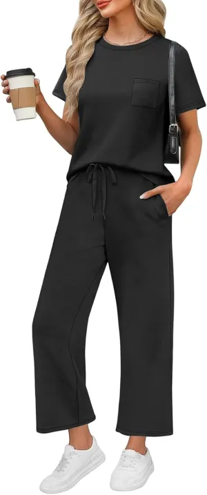 Workout Sets for Women 2025 Summer Outfits Sport Lounge Short Sleeve Wide Leg Pants Clothing Travel Fitness Sets