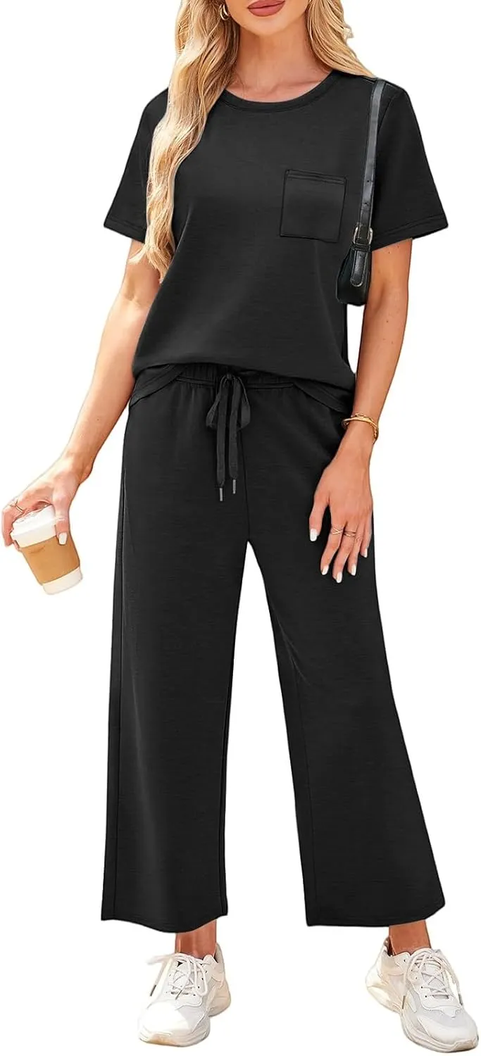 Workout Sets for Women 2025 Summer Outfits Sport Lounge Short Sleeve Wide Leg Pants Clothing Travel Fitness Sets