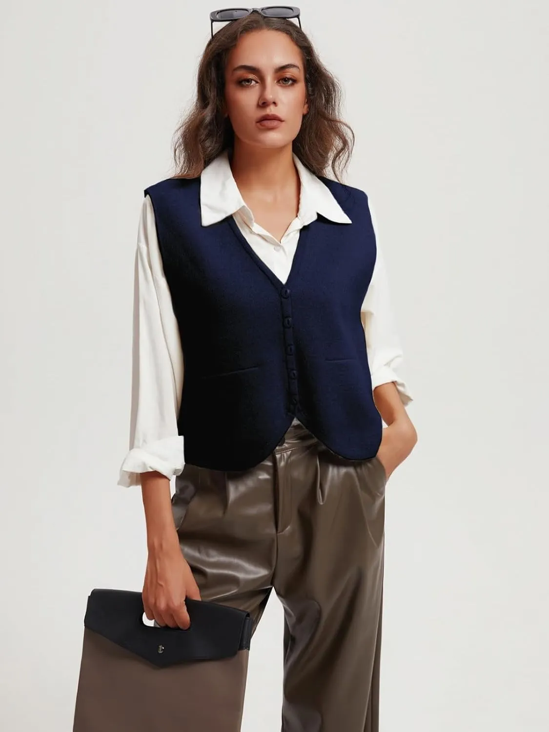 Wowcarbazole Women's Cropped Sweater Vest Sleeveless V Neck Button Down Casual Knit Cardigan Vest Trendy Knitted Tank Tops
