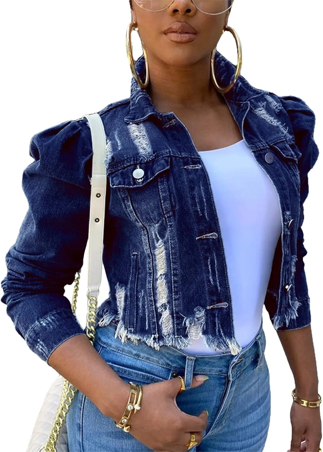 XBTCLXEBCO Vintage Denim Jacket for Women Long Sleeve Button Down Cropped Jean Coat Classic Distressed Denim Trucker Jacket