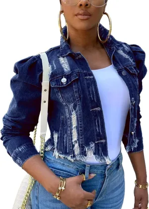XBTCLXEBCO Vintage Denim Jacket for Women Long Sleeve Button Down Cropped Jean Coat Classic Distressed Denim Trucker Jacket