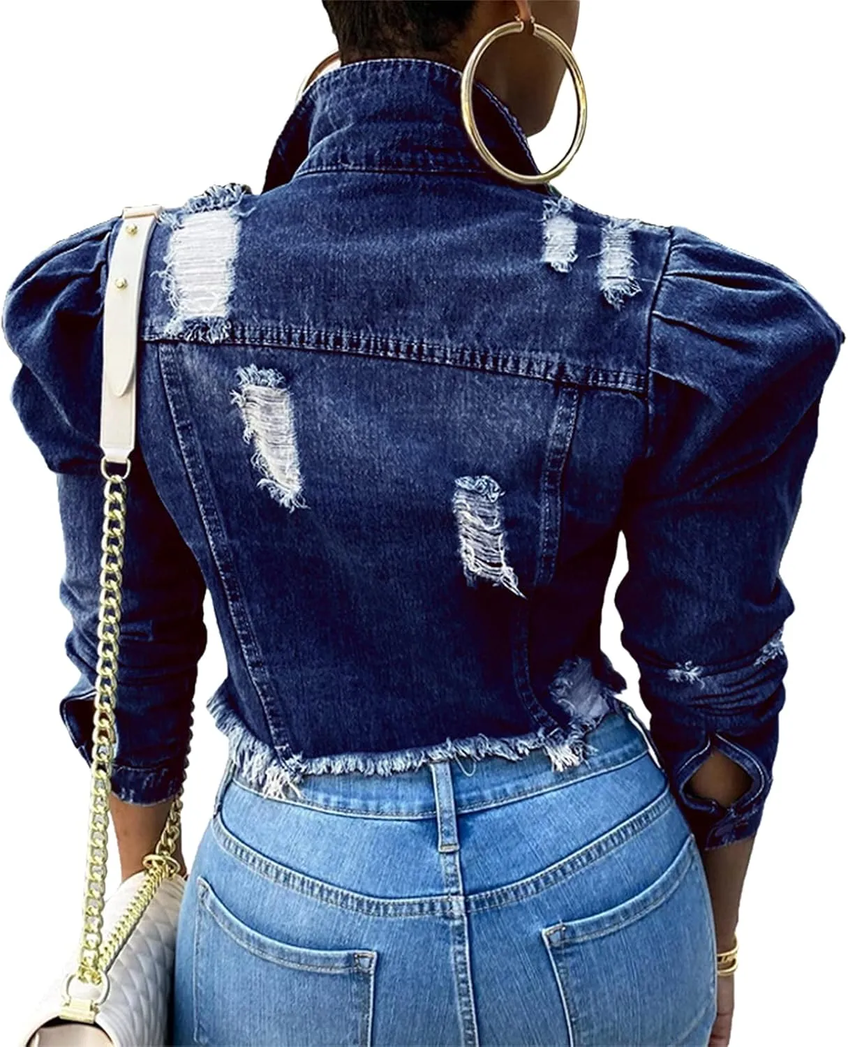 XBTCLXEBCO Vintage Denim Jacket for Women Long Sleeve Button Down Cropped Jean Coat Classic Distressed Denim Trucker Jacket
