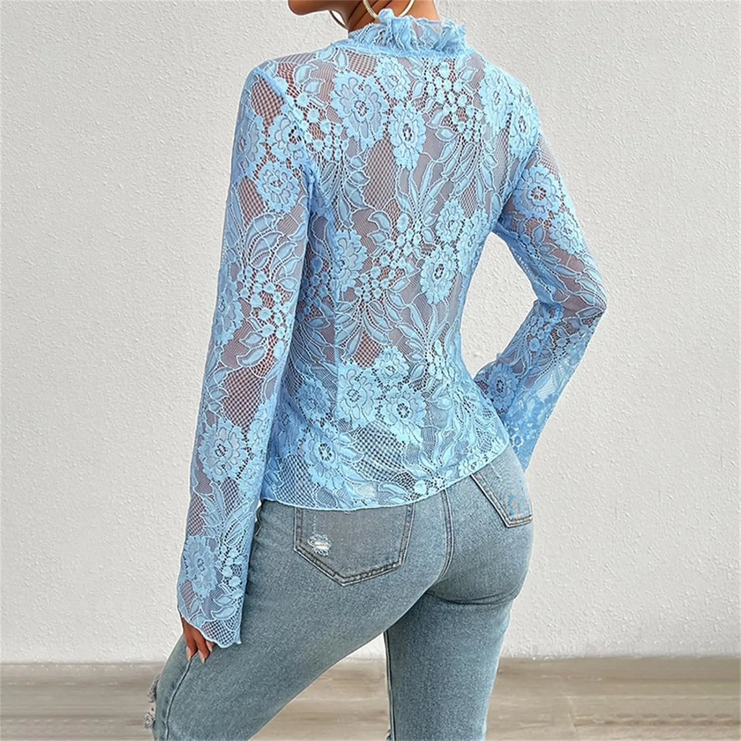 Y2k Long Sleeve Lace Top for Women Sexy Sheer Mesh See Through V Neck Crop Top Slim Fit Lace Shirt Going Out Tops