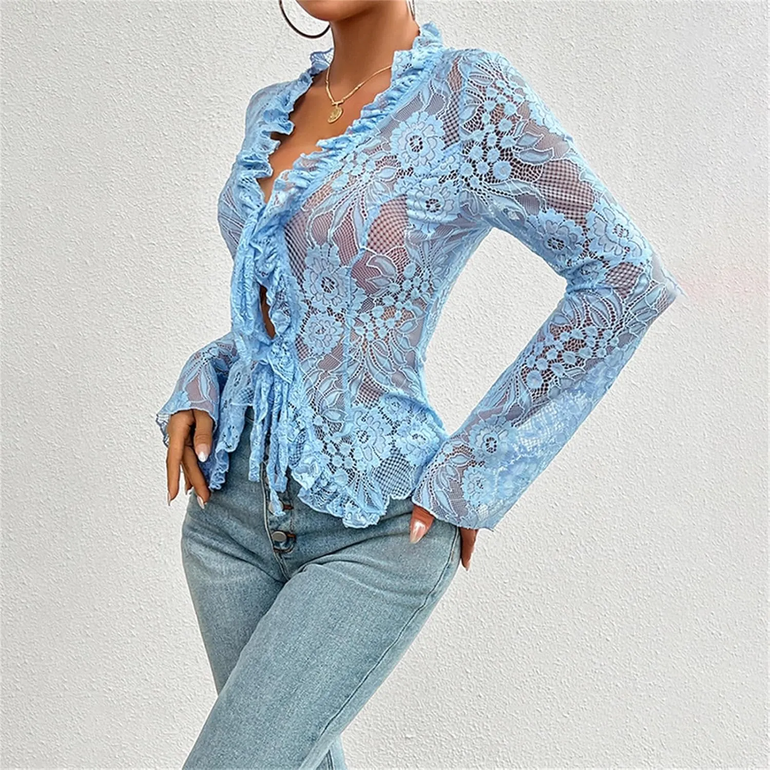 Y2k Long Sleeve Lace Top for Women Sexy Sheer Mesh See Through V Neck Crop Top Slim Fit Lace Shirt Going Out Tops