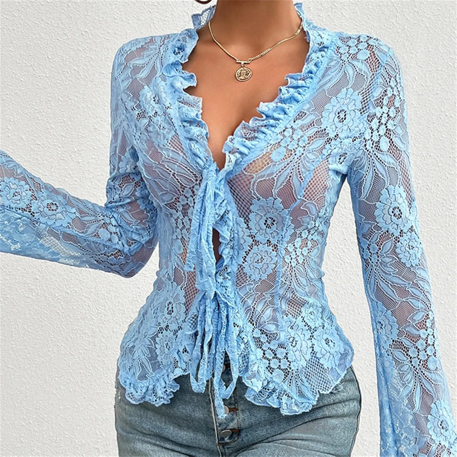 Y2k Long Sleeve Lace Top for Women Sexy Sheer Mesh See Through V Neck Crop Top Slim Fit Lace Shirt Going Out Tops