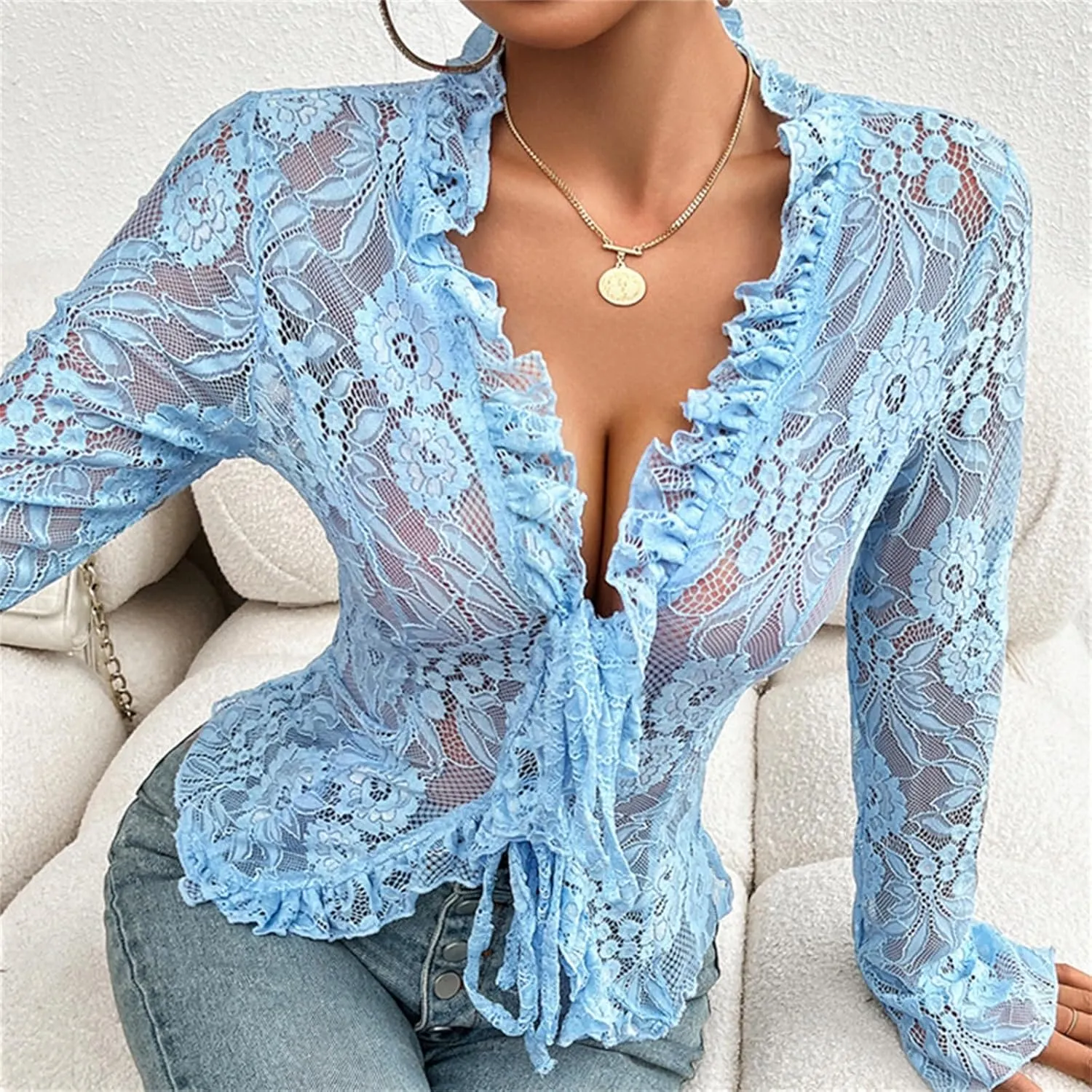 Y2k Long Sleeve Lace Top for Women Sexy Sheer Mesh See Through V Neck Crop Top Slim Fit Lace Shirt Going Out Tops
