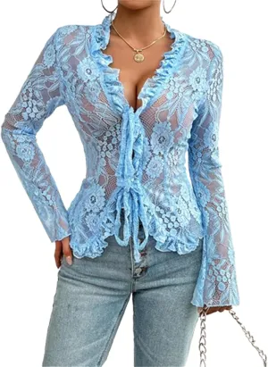 Y2k Long Sleeve Lace Top for Women Sexy Sheer Mesh See Through V Neck Crop Top Slim Fit Lace Shirt Going Out Tops