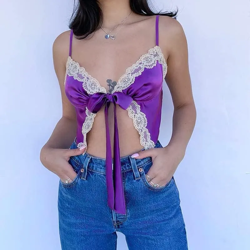 Y2K Sexy Lace V Neck Cami Crop Top Sleeveless Slim Fit Spaghetti Strap Tank Tops Crop Camisoles Summer Streetwear