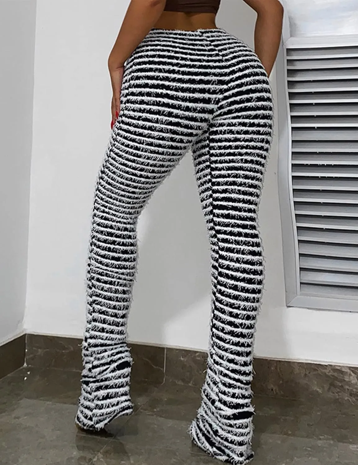 Yimoon Stacked Fuzzy Pants Women Black and White Zebra Print High Waisted Striped Y2K Leggings