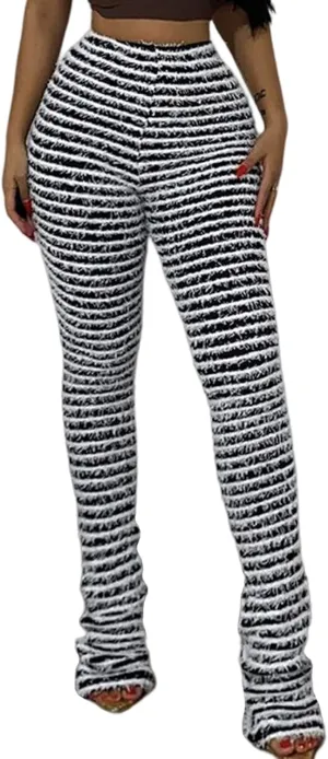 Yimoon Stacked Fuzzy Pants Women Black and White Zebra Print High Waisted Striped Y2K Leggings