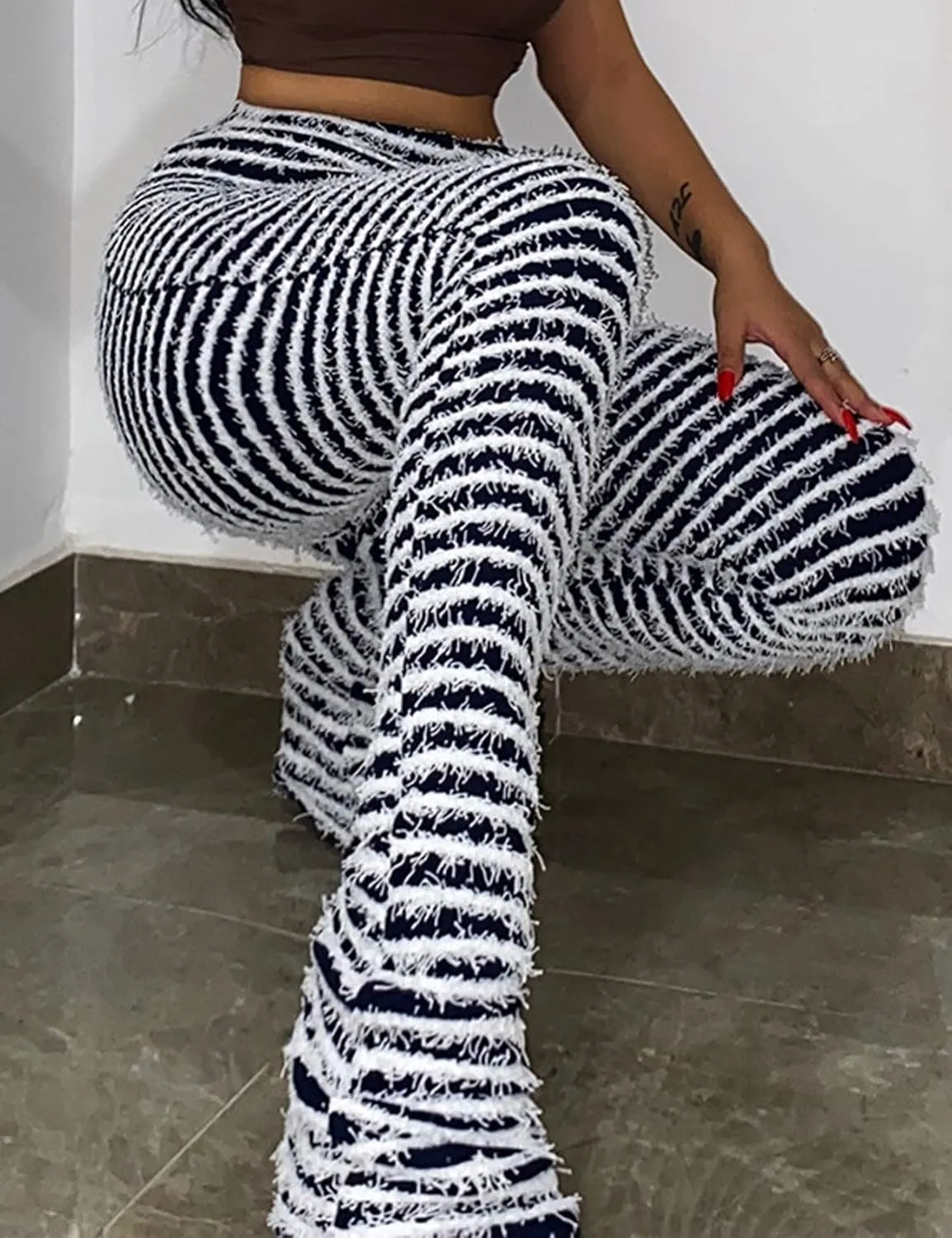 Yimoon Stacked Fuzzy Pants Women Black and White Zebra Print High Waisted Striped Y2K Leggings