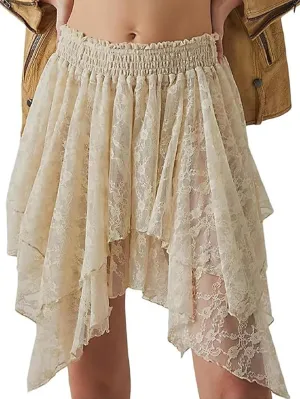 YKR Lace Slip Skirt for Women Y2k Pleated Mini Skirt Flowy Ruffle Half Skirts Underskirt
