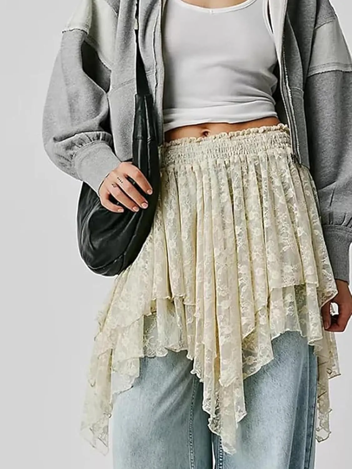 YKR Lace Slip Skirt for Women Y2k Pleated Mini Skirt Flowy Ruffle Half Skirts Underskirt