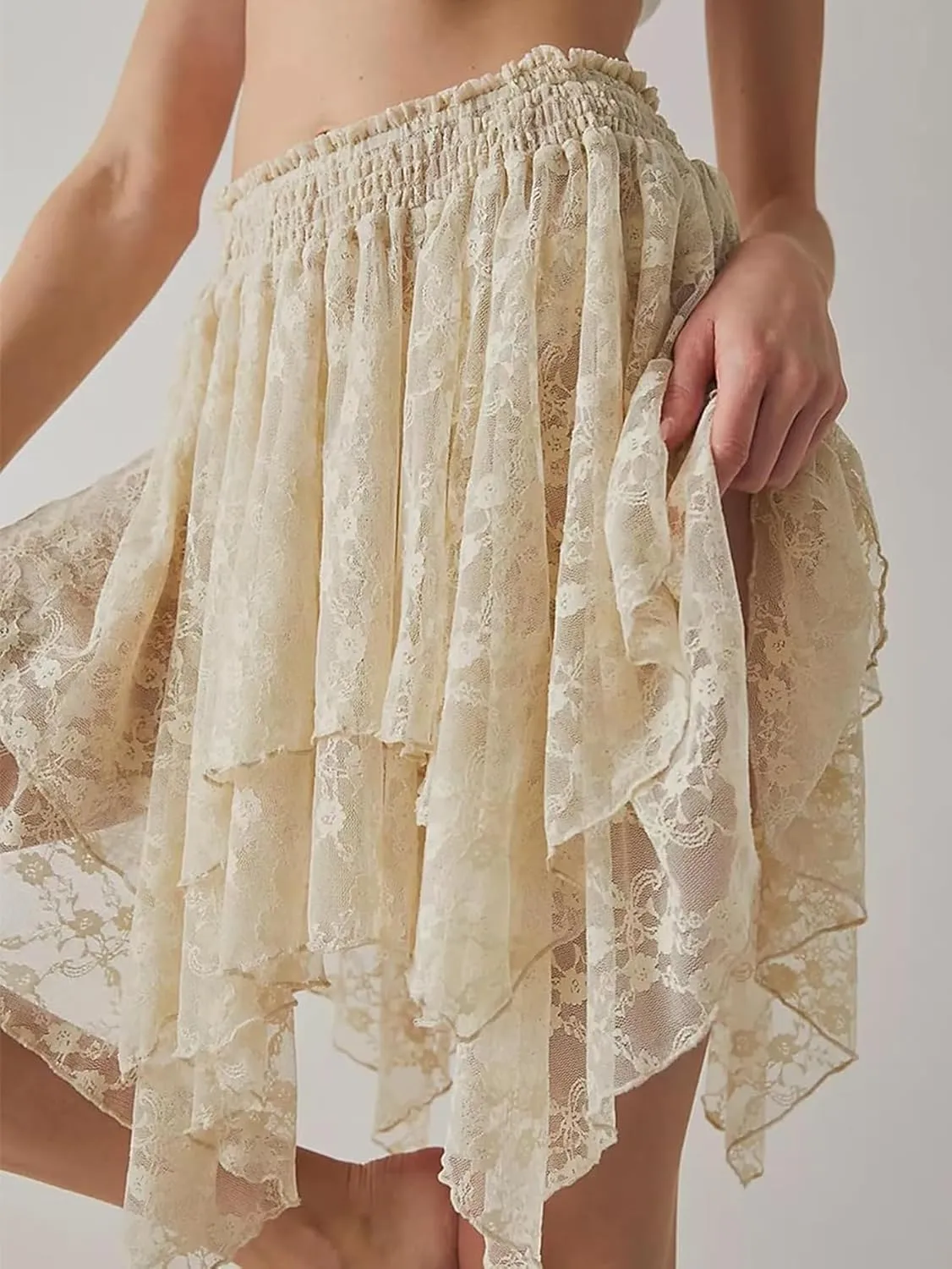 YKR Lace Slip Skirt for Women Y2k Pleated Mini Skirt Flowy Ruffle Half Skirts Underskirt