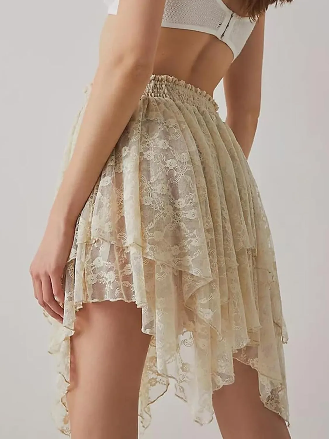 YKR Lace Slip Skirt for Women Y2k Pleated Mini Skirt Flowy Ruffle Half Skirts Underskirt