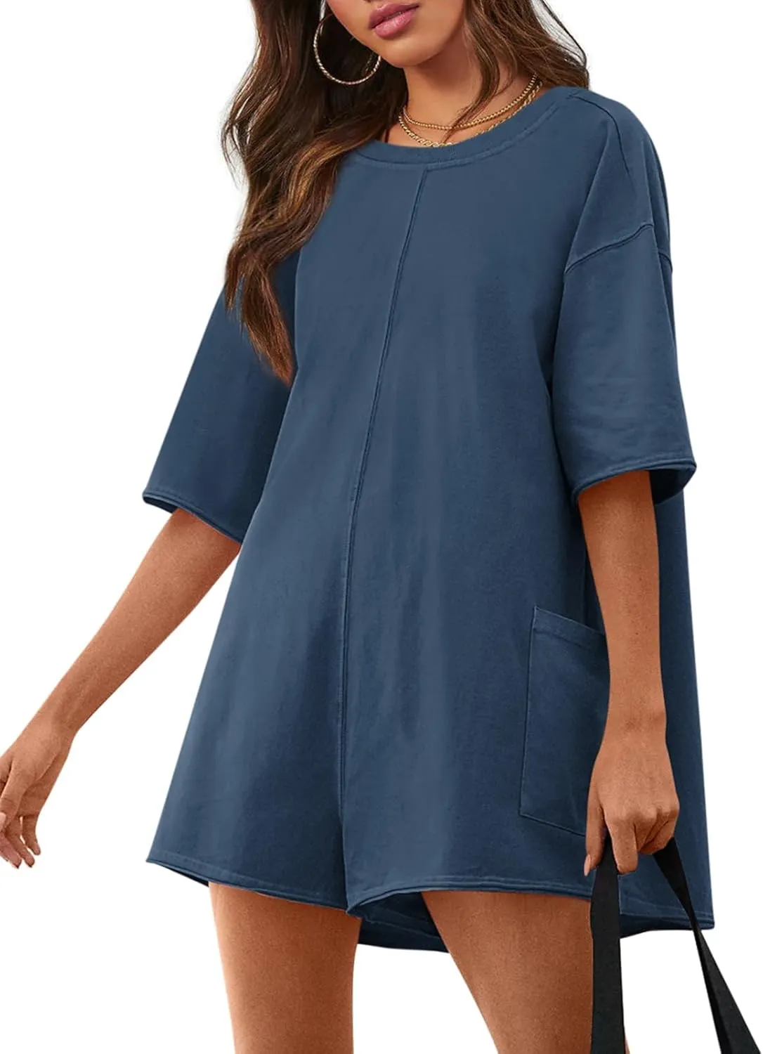 Yousify Rompers for Women 2025 Summer Athletic Oversized Romper Short Sleeve Jumpsuit with Pockets
