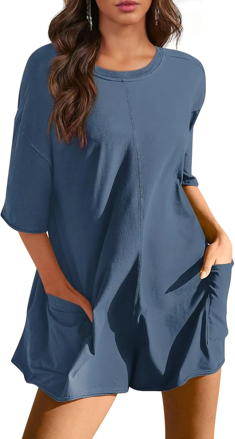 Yousify Rompers for Women 2025 Summer Athletic Oversized Romper Short Sleeve Jumpsuit with Pockets