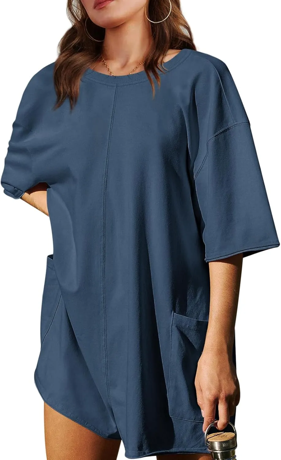 Yousify Rompers for Women 2025 Summer Athletic Oversized Romper Short Sleeve Jumpsuit with Pockets
