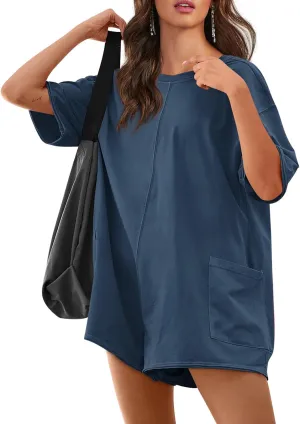 Yousify Rompers for Women 2025 Summer Athletic Oversized Romper Short Sleeve Jumpsuit with Pockets