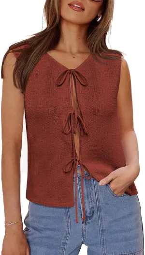 Yousify Women’s Tie Front Sweater Vest 2025 Summer Sleeveless Crochet Knit Tops Lightweight Cardigan Sweaters Outfits