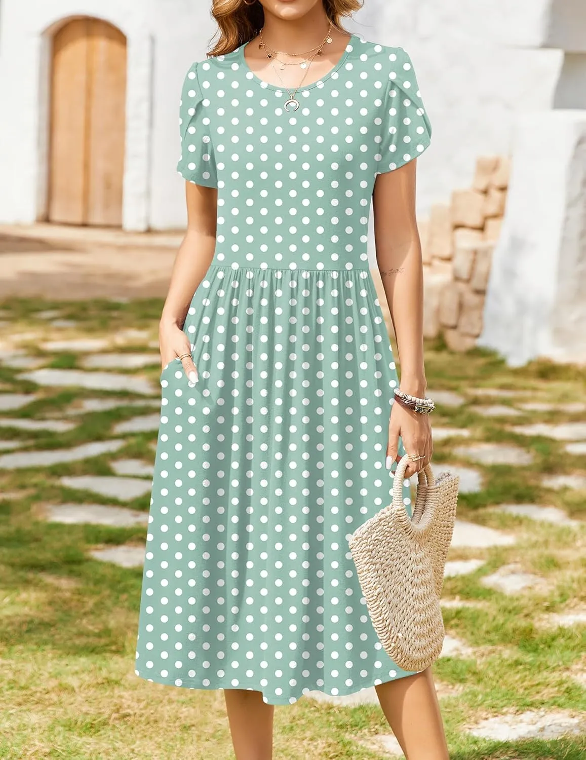 Zeagoo Women Summer Short Sleeve Midi Dress with Pockets Casual Aline Flowy Tshirt Dress Floral Vocation Beach Sundress