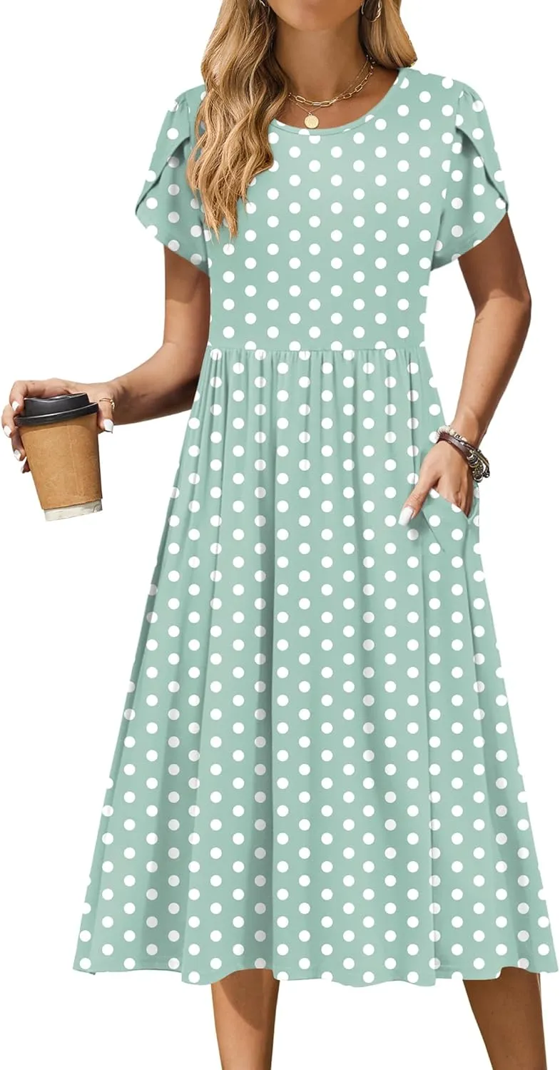 Zeagoo Women Summer Short Sleeve Midi Dress with Pockets Casual Aline Flowy Tshirt Dress Floral Vocation Beach Sundress