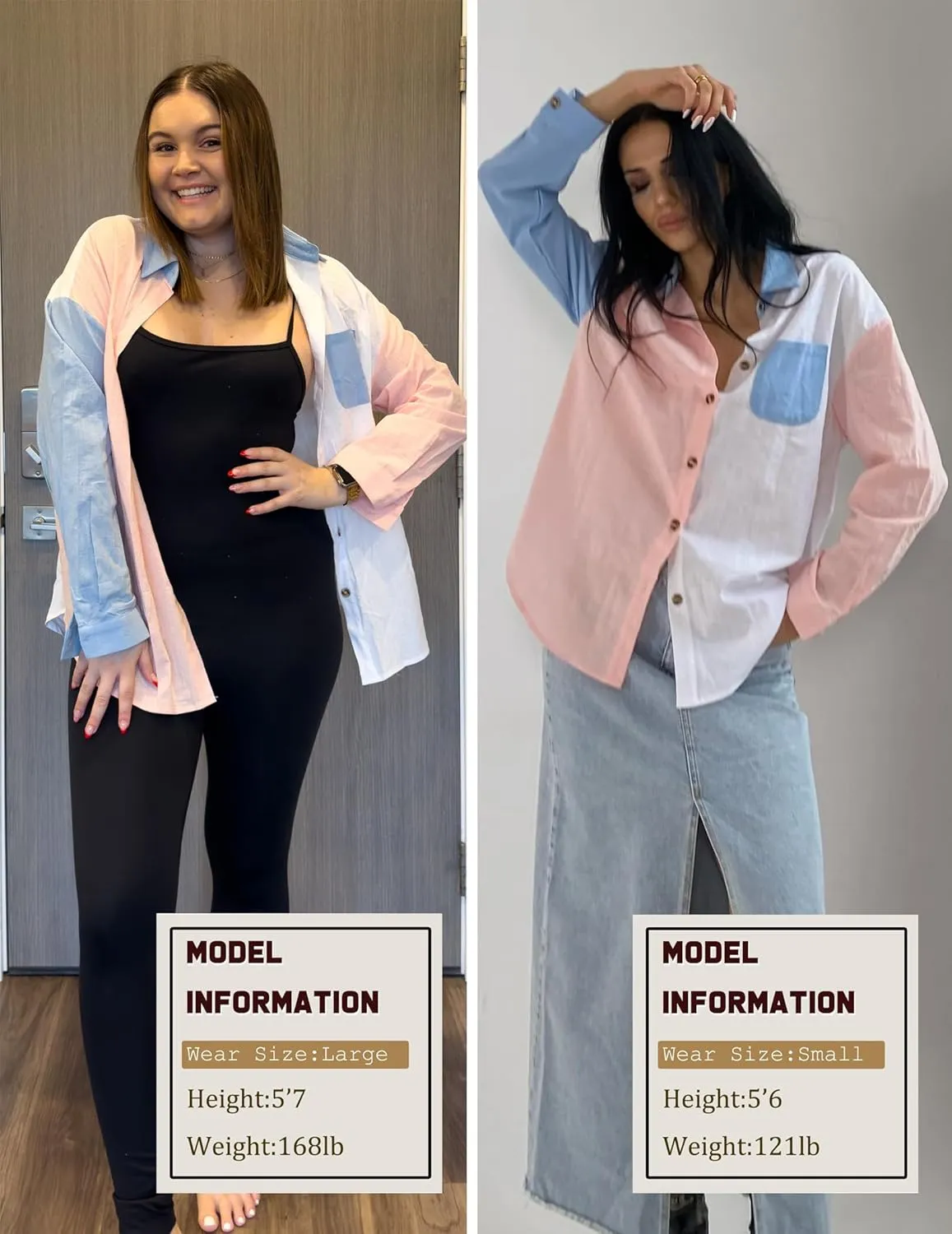 Zeagoo Womens Color Block Button Down Shirts Long Sleeve Linen Shirt Oversized Cotton Blouses Tops with Bust Pocket