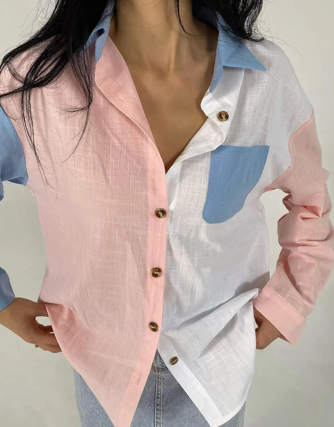 Zeagoo Womens Color Block Button Down Shirts Long Sleeve Linen Shirt Oversized Cotton Blouses Tops with Bust Pocket