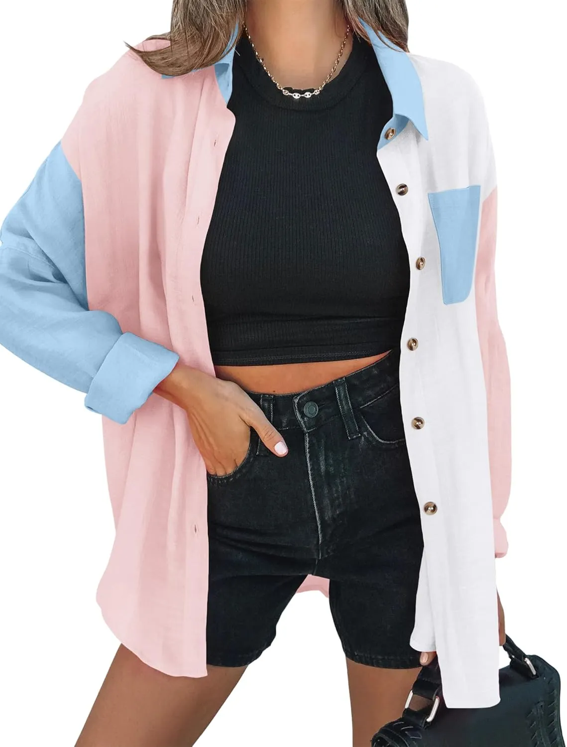 Zeagoo Womens Color Block Button Down Shirts Long Sleeve Linen Shirt Oversized Cotton Blouses Tops with Bust Pocket