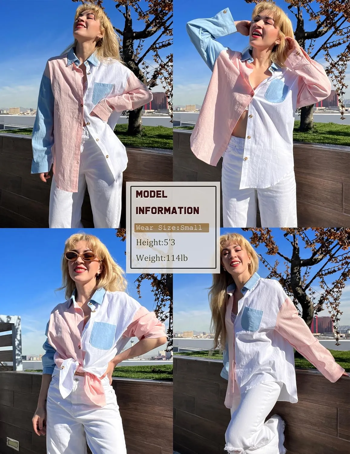 Zeagoo Womens Color Block Button Down Shirts Long Sleeve Linen Shirt Oversized Cotton Blouses Tops with Bust Pocket
