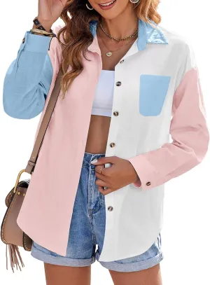 Zeagoo Womens Color Block Button Down Shirts Long Sleeve Linen Shirt Oversized Cotton Blouses Tops with Bust Pocket