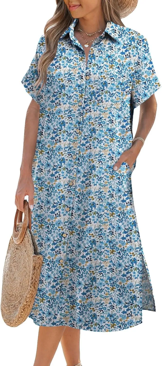 Zeagoo Womens Dress Summer Casual Short Sleeve Button Down Shirt Dresses Beach Cover Up with Pockets
